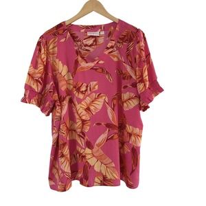 Belle by Kim Gravel Floral Top Womens XL Short Ruffle Sleeves V Neck Tropical
